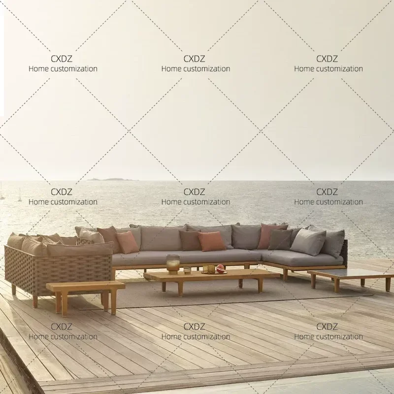 Nordic Outdoor Balcony Small Coffee Table Set Living Room Woven Garden Chair Courtyard Open Air Leisure Rattan Sofa