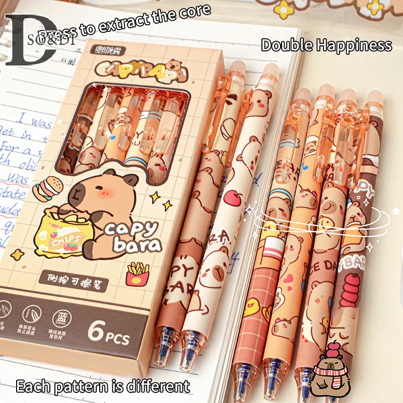 6 Stück Kawaii Capybara Gel Pen Set schwarz blau Tinte schnell trocknende niedliche Presse Gel Stifte ästhetische Schreibwaren Schule Bürobedarf