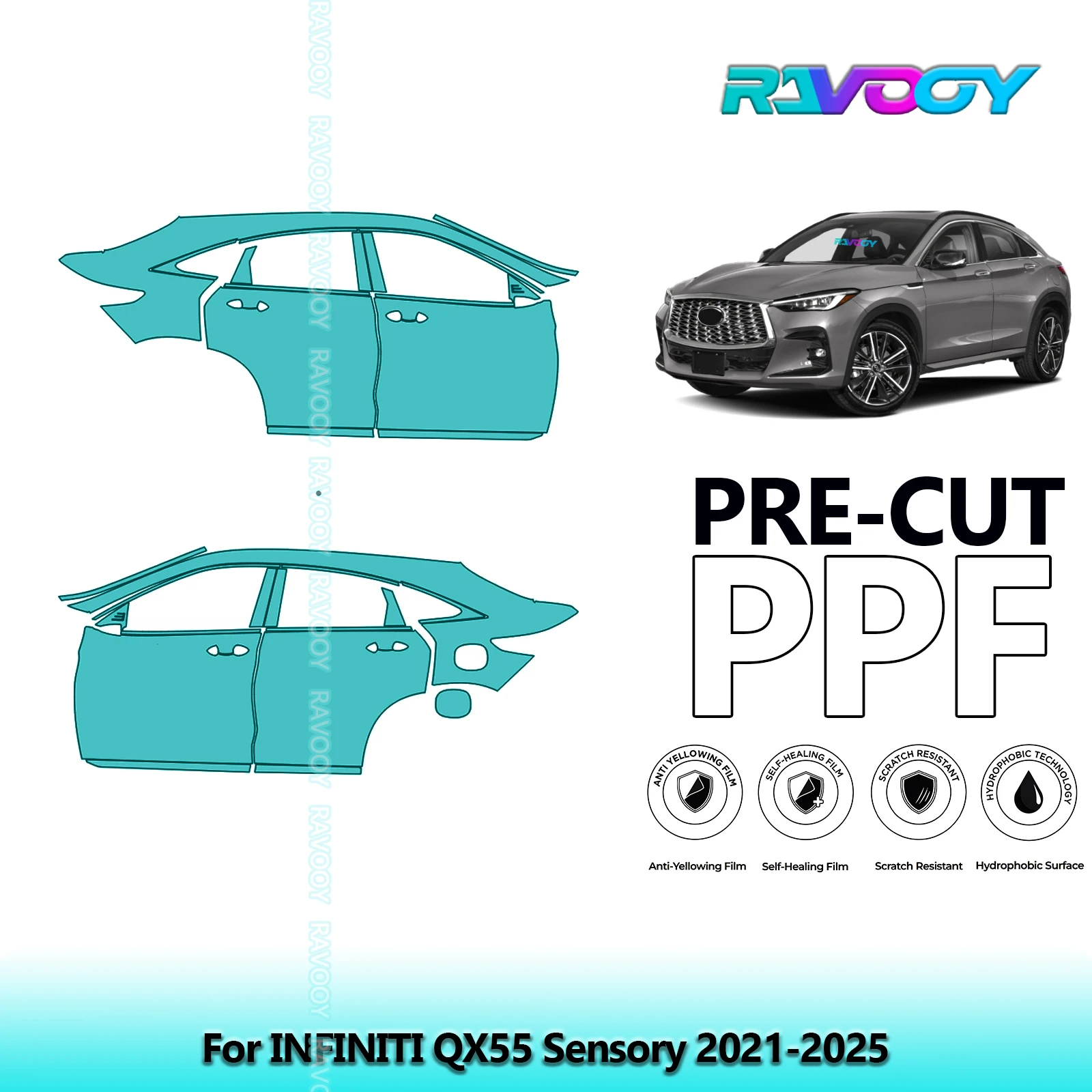 

For INFINITI QX55 Sensory 2021-2025 8.5mil Clear Matte Pre-Cut PPF Door & A/B Pillar Kit TPU Paint Protection Film Set