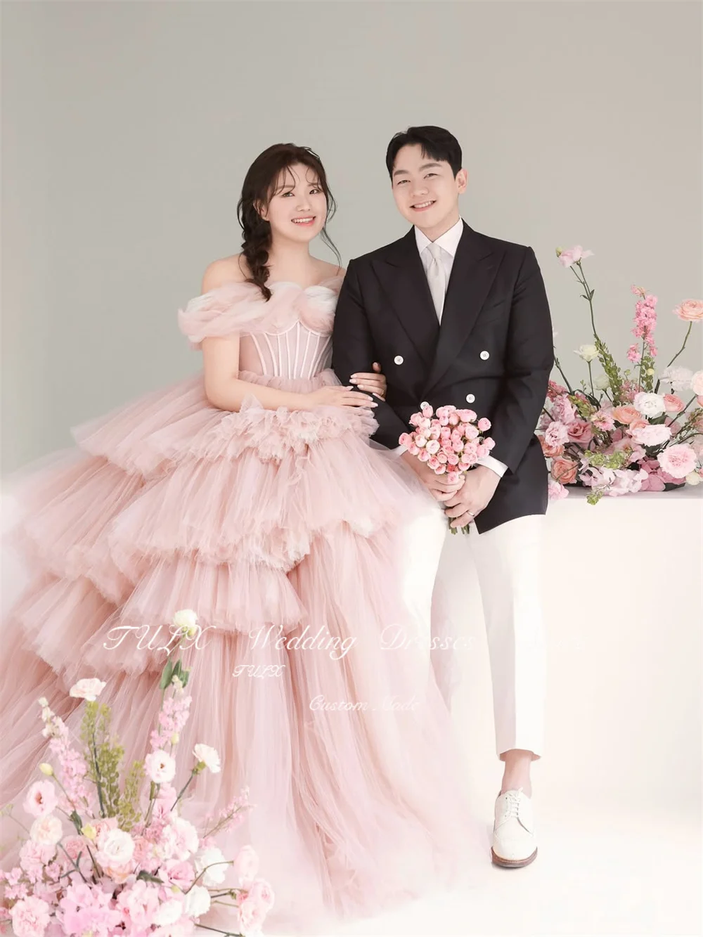 TULX – robe de soirée longue en Tulle rose féerique, pour séance Photo de mariage coréen, épaules dénudées, longue robe de soirée de mariée à plusieurs niveaux, Corset personnalisé