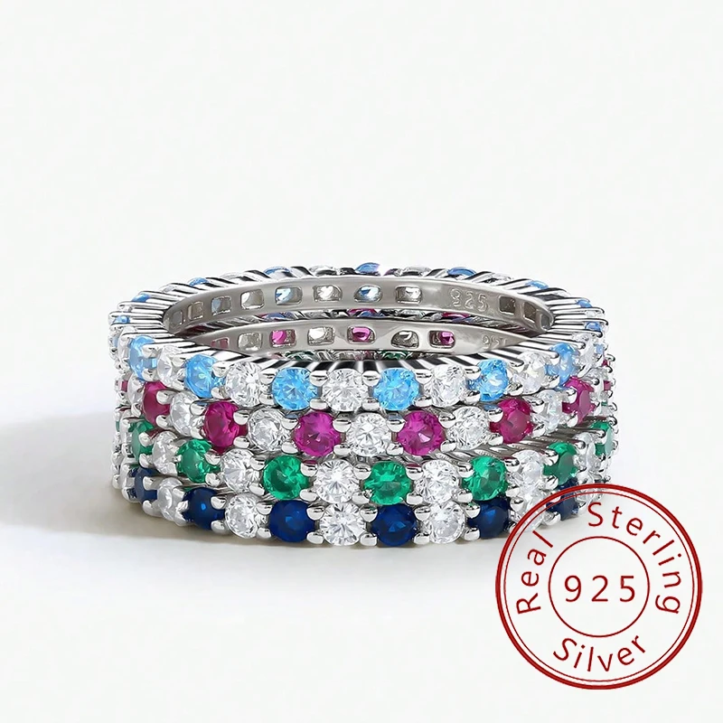 925 Sterling Silver Full Zircon Multi Color Simple Stackable Ring For Women Anniversary Party Fashion High Quality Fine Jewelry