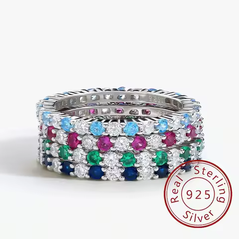 925 Sterling Silver Full Zircon Multi Color Simple Stackable Ring For Women Anniversary Party Fashion High Quality Fine Jewelry
