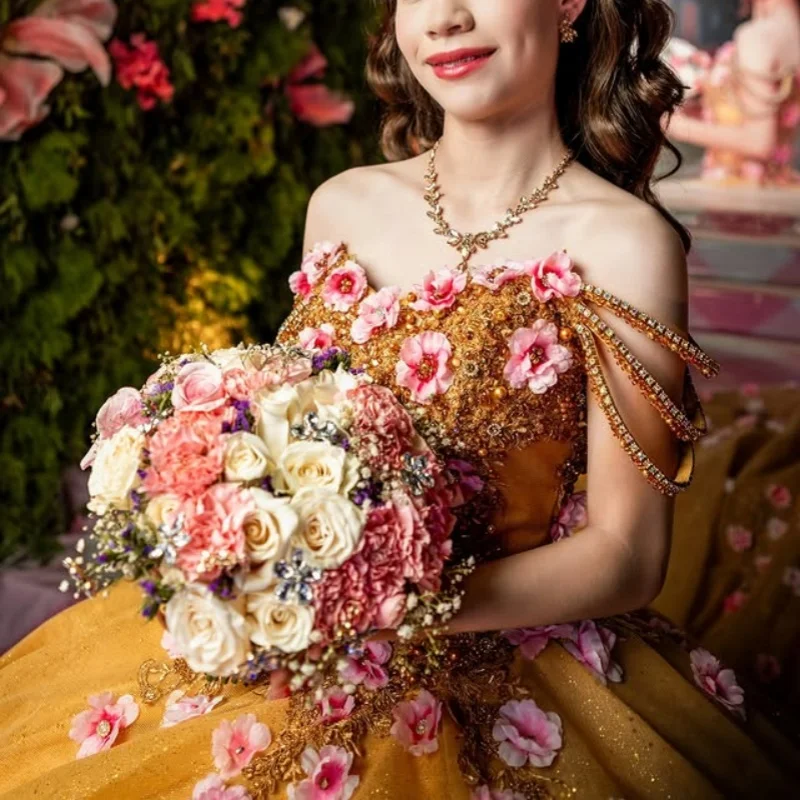 

Shiny golden Quinceanera Dress Lace layering crystal glitter decal 3D flower Long tail vestidos de 15 Quinceanera ﻿Customized