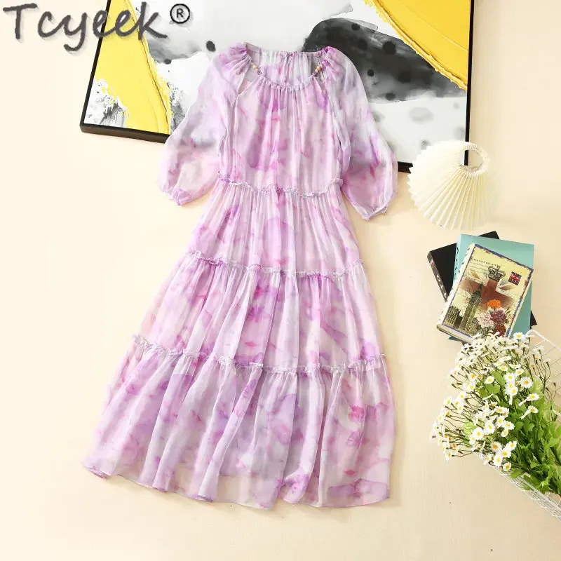 

Tcyeek French Midi Dress Summer Elegant and Pretty Women's Dresses 2023 New 100% Real Mulberry Silk Print Dresses Woman Clothing