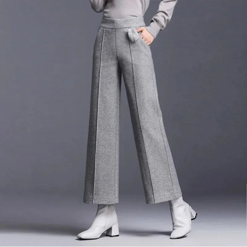 Fall Winter Formal Woolen Wide Leg Pants Women High Waist Big Size 4xl Office Ankle Length Pantalones Baggy Wool Blend Trousers