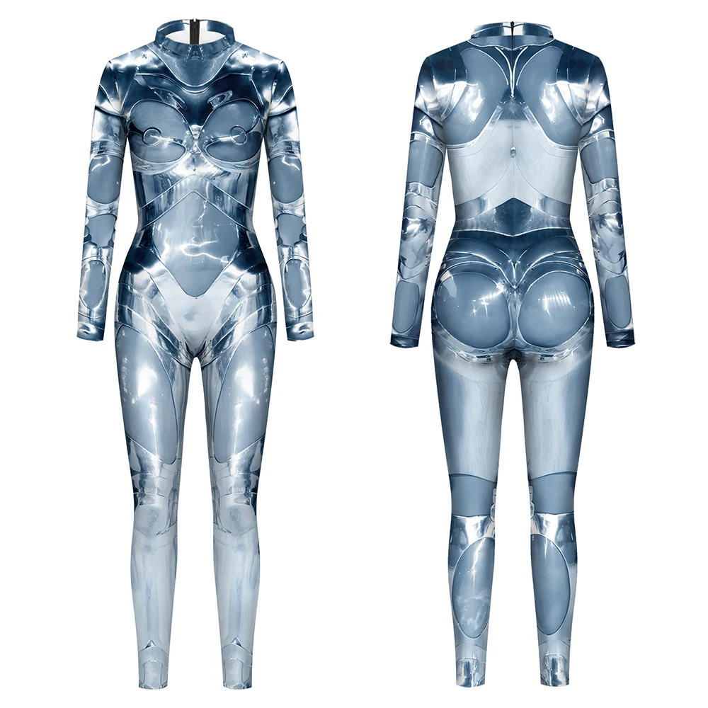 Combinaison de cosplay punk imprimée en 3D pour femme, robot argenté, costume de batterie Zentai, costume de festival, tenue de fête de vacances, mode