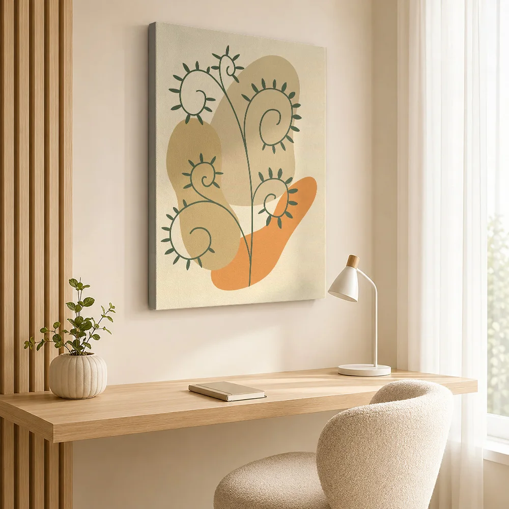 Spiral Botanical Stems With Neutral Shapes Framed Canvas Print Personalized Photo Illustrated Wall Art For Quiet Sitting Room