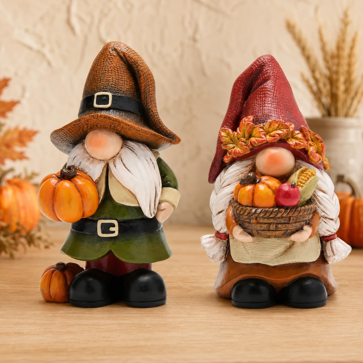 Hodao Resin Fall Gnome Figurine Set, 2-Piece Thanksgiving Gnome Figure Model with Pumpkin, Harvest Basket, Autumn Leaves and White Beard, Collectible Tabletop Shelf Sitter Decor for Fireplace Mantel Tiered Tray Home Display, Rustic Farmhouse Holiday Gift
