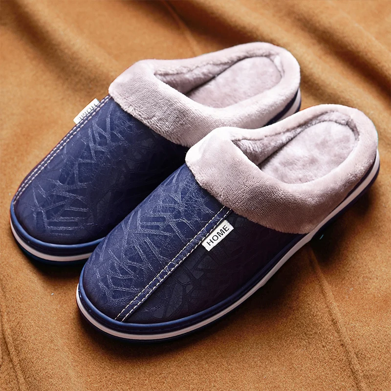 

Pmoiste Men Soft PU Flu Waterproof House Slippers Designer Luxury Comfortable Warm Living Room Shoes Slip-on Winter Indoor