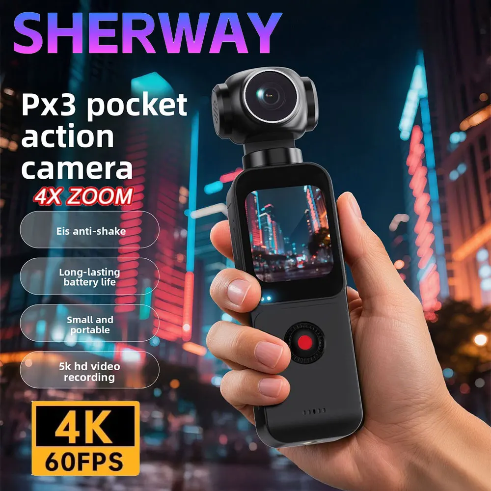 

4K Pocket Action Camera 270° Auto Rotatable Stabilization Touch Screen Sports DV Bodycam 4X Zoom Portable Digital Video Recorder