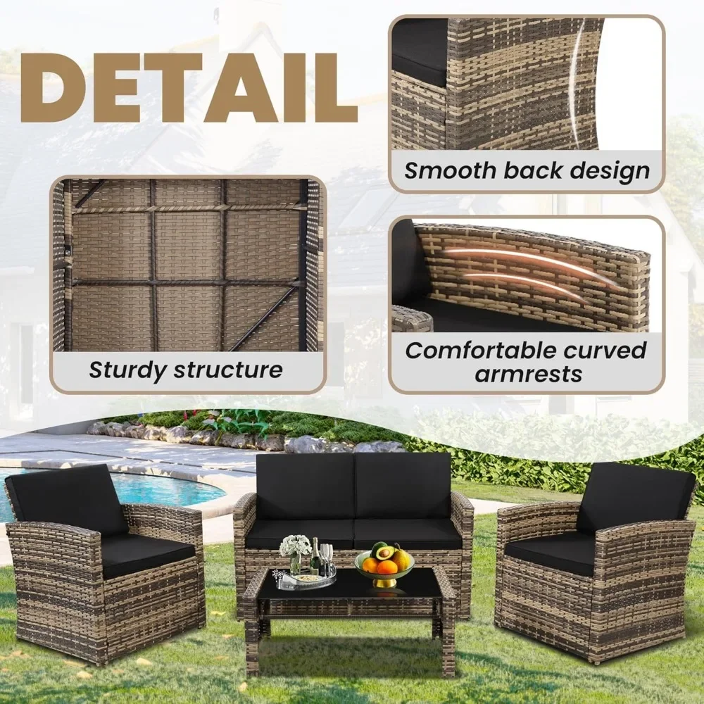 4 buah Set percakapan teras, Sofa bagian luar rotan, Set furnitur berbantalan, Sofa anyaman Ideal untuk taman, teras