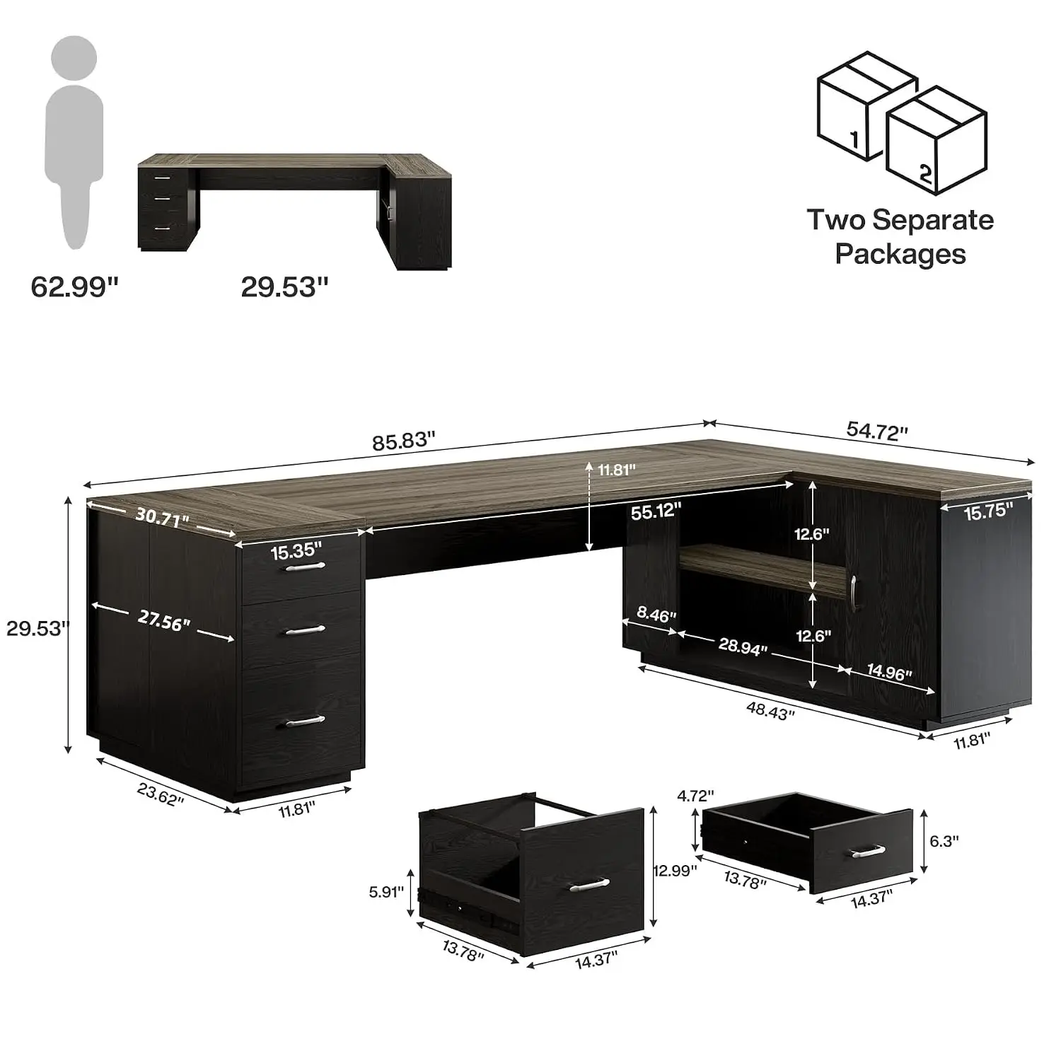 L-Shaped Executive Desk With File Drawers & Storage Cabinet, Corner Workstation With Adjustable Shelves, 85.8 Inch, Customized
