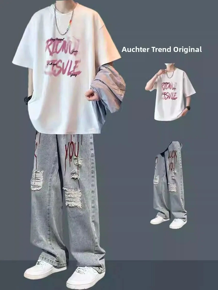 

Summer Short Sleeve T-Shirt Set Men's High Street Fashion Two-Piece Suit with Cool And Handsome Jeans Casual Sportswear Set