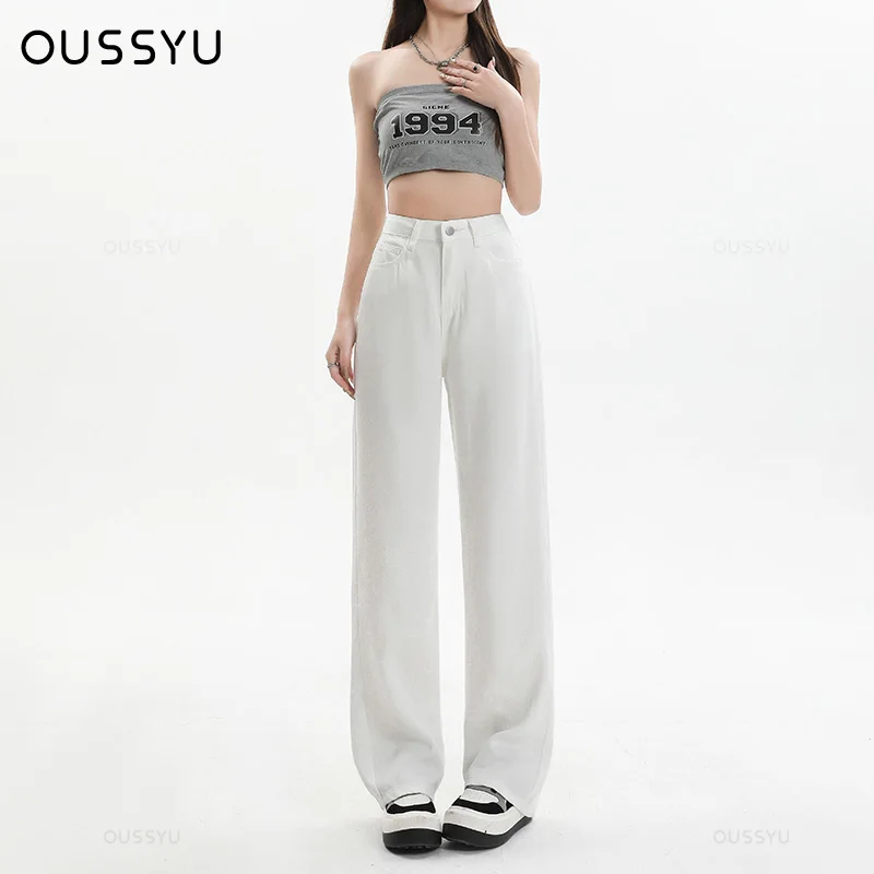 Summer Soft Lyocell Fabric Woman Jeans Loose Wide Leg Straight High Waisted Thin Pant Fashion Comfort White Casual Trousers