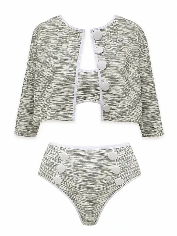 

Retro Bikini Printed Fashion 3 Piece Swimsuit And Cover Up With Cardigan Tight Women's Bandage Summer Beach Luxury Elegant