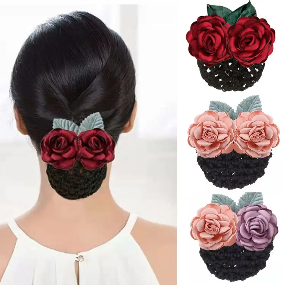 Snood Hairnet Flower Hair Bun Holder Covers Flower Hair Accessories Detachable Barrette with Net Hair Headdress French Hair Clip