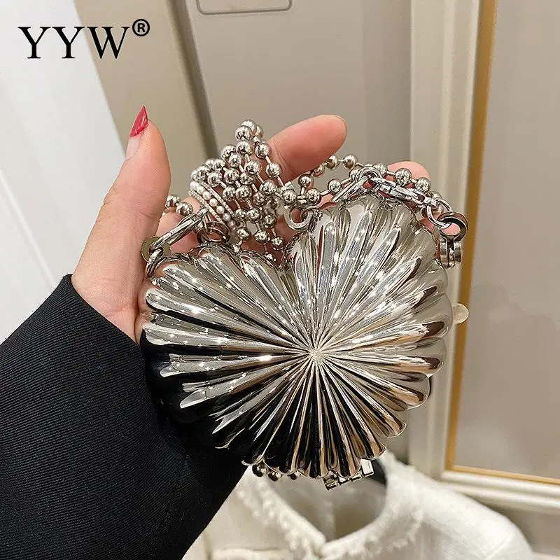 Silver Elegant Sling Handbag Female Shoulder Crossbody Bag Iron Mini Evening Bags Heart Pattern Clutch Wallets Prom Luxury Purse