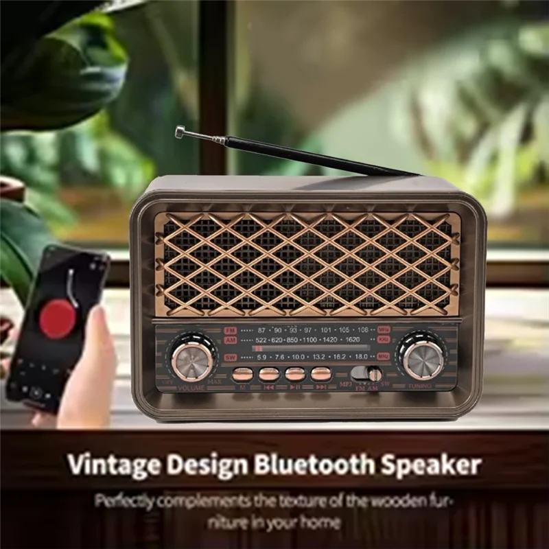 

FFYY-Retro Bluetooth Radio Portable FM/AM/SW Band Receiver With LED Light, TF Card, USB, AUX Support Classic Wireless Speaker