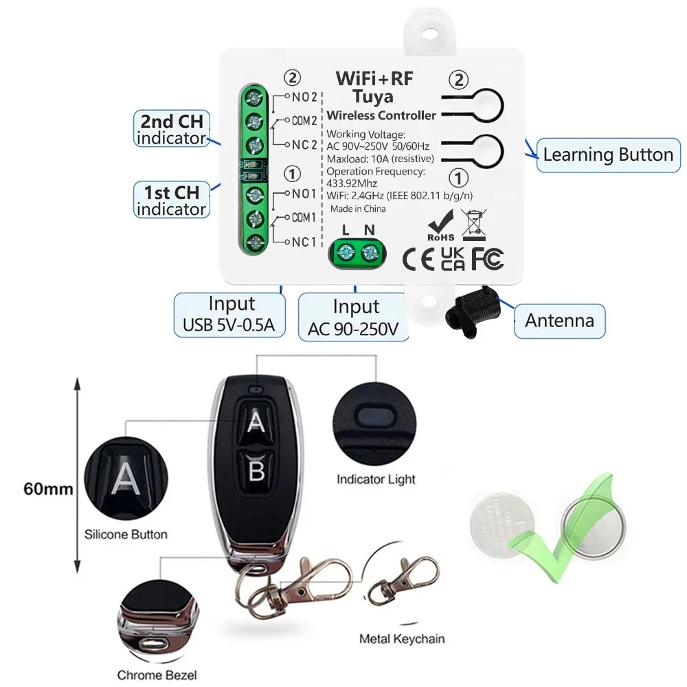 WIFI Tuya Drahtloser 433MHz Universal-Fernbedienungsschalter AC110V 220V 2-Kanal Trockenrelais-Empfänger für Garagentor, Torschloss, Beleuchtung – Detail 8
