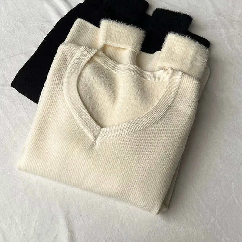 Maglione lavorato a maglia con scollo a V da donna 2025 - Pullover invernale foderato in pile con maniche lunghe, top termico slim fit per stratificazione, peluche caldo Tu