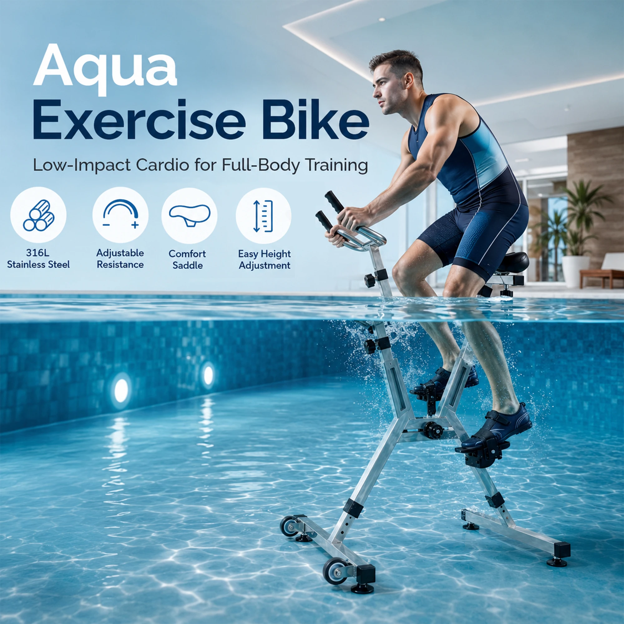 Aquatic Bike Pool Exercise Water Bike with 316 Stainless Steel Frame, Adjustable Resistances Underwater Spin Bike with PU Seat and PE Pedals, Low Impact Aquatic Fitness Equipment for Home Gyms Fitness Centers Resorts Clubs Rehab