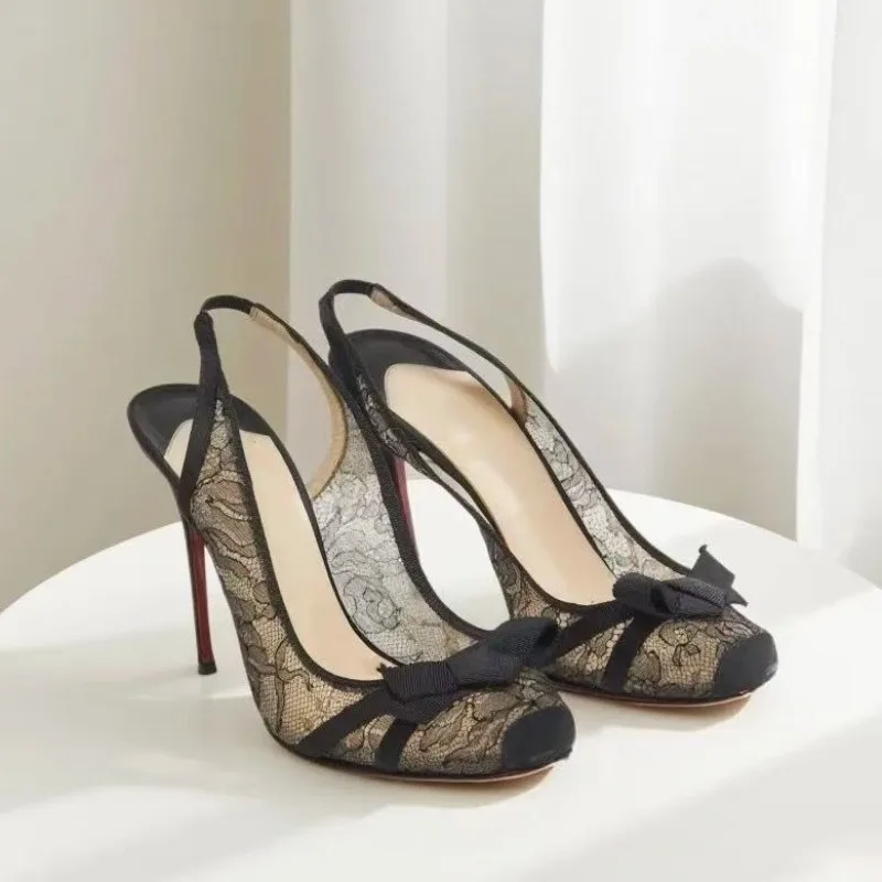 

Black back hollow shallow mouth butterfly sandals 2025 new lace mesh square toe temperament party high heels for women