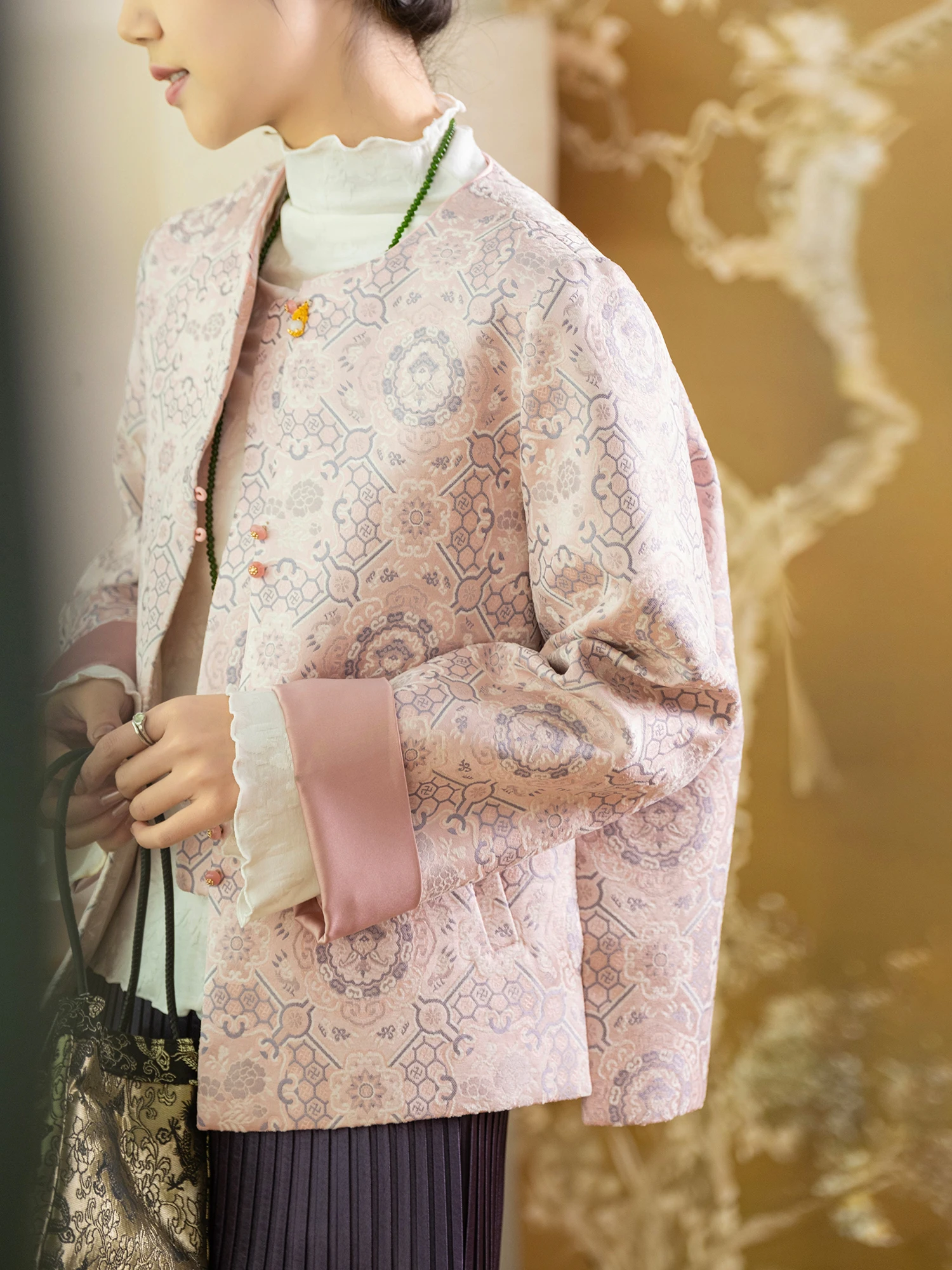 

Blue Glaze Heavy Work Brocade Silk Box Flower Double Sided Wear Chinese Sle Women's Jaet Loose Fit Long Sve Button Clo...