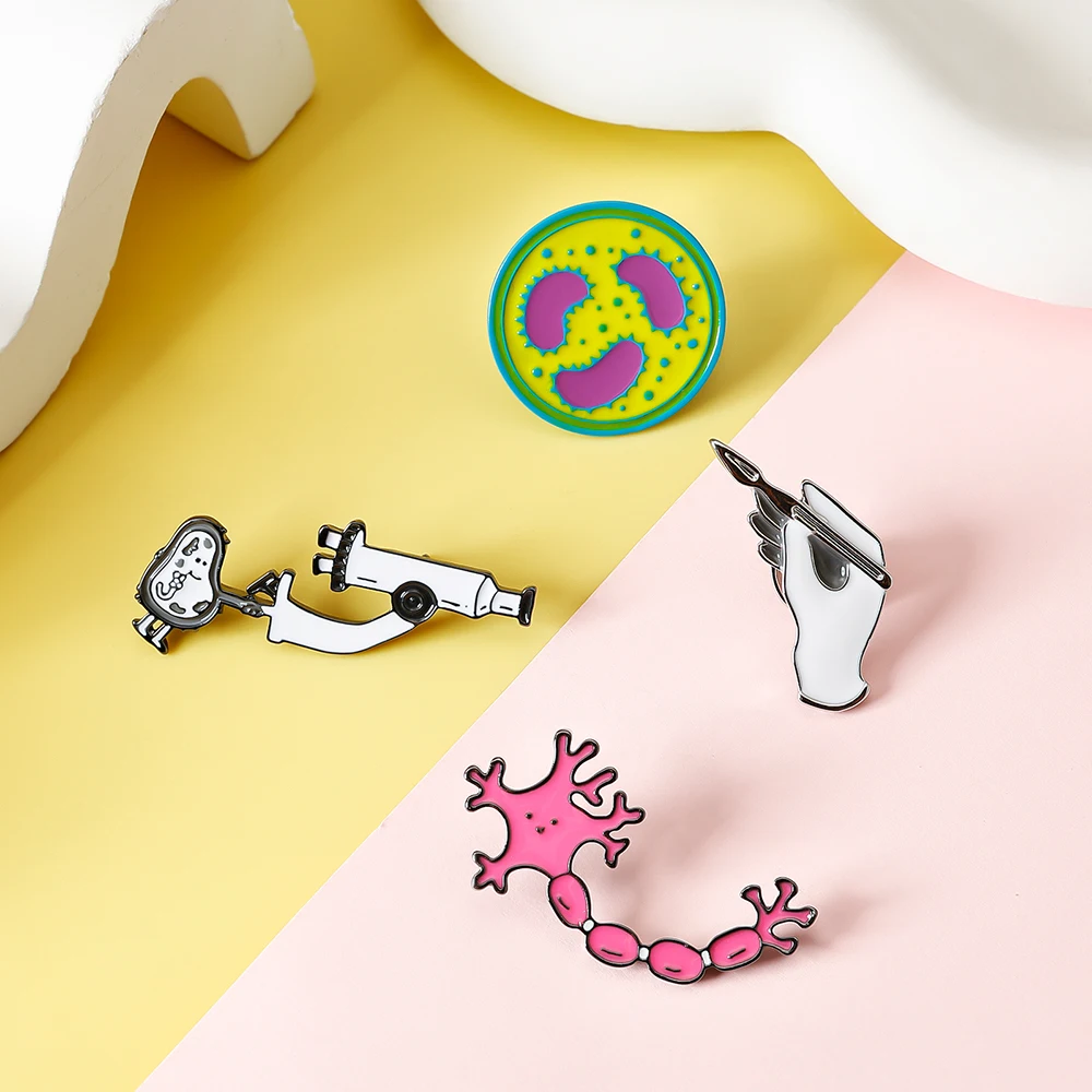 Catuni Cute Creature Laboratory Enamel Pin  Cartoon Microscope Neuron Collar Badge Scientific Researcher Commemorative Gift