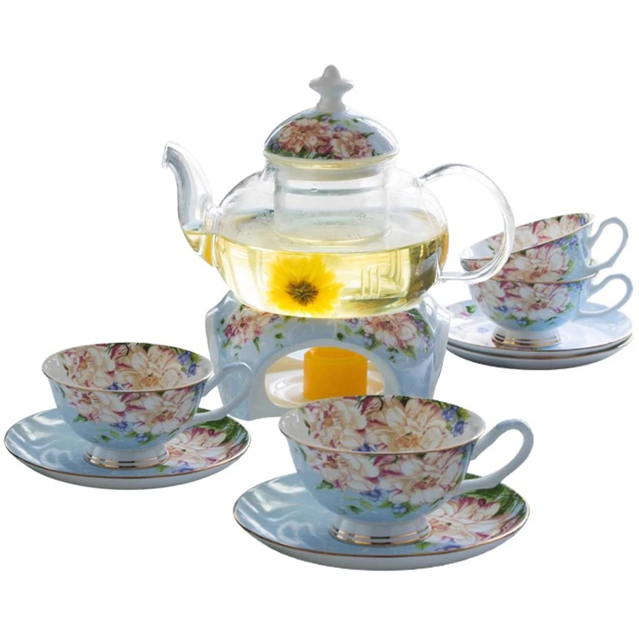 Glass Flower Tea Set Ceramic Red Tea Pot And Cup saucer ombination Afternoon Teaware Set Heatable Tea pot Household Decor