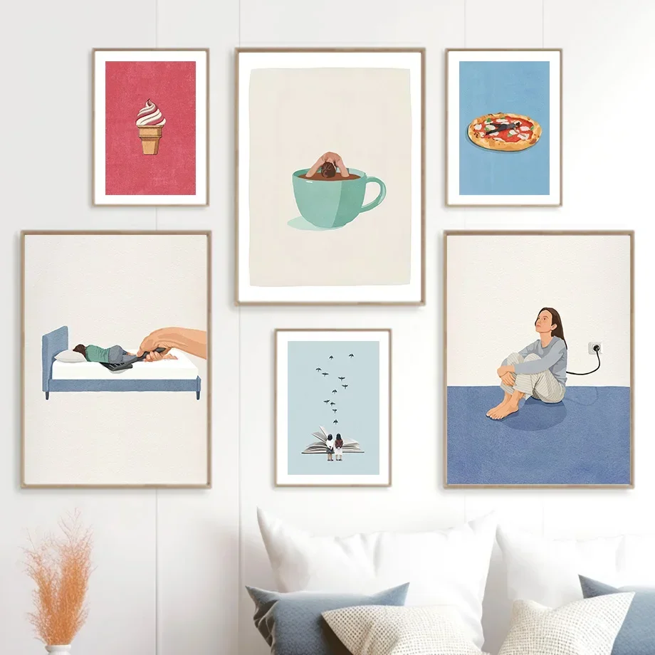 Humorous Funny Charge Coffee Read Sleep Cooking Pizza Poster Art Print Canvas Painting Wall Pictures Living Room Home Decoration
