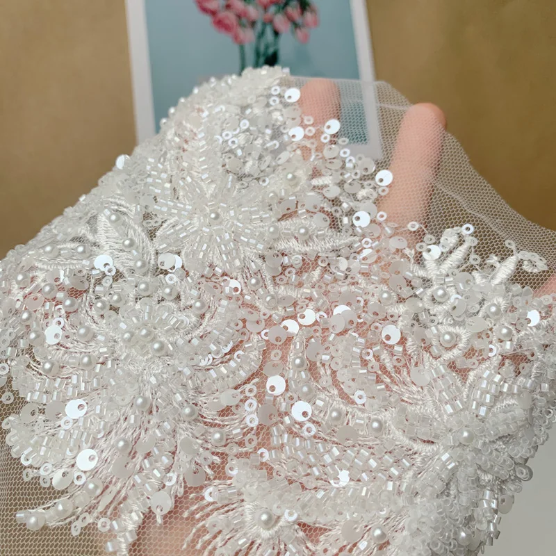 1Pc Sequins Embroidery Lace Appliques For Wedding Dresses Rhinestone Lace Applique Patches Embroidery Ropa 36*15CM