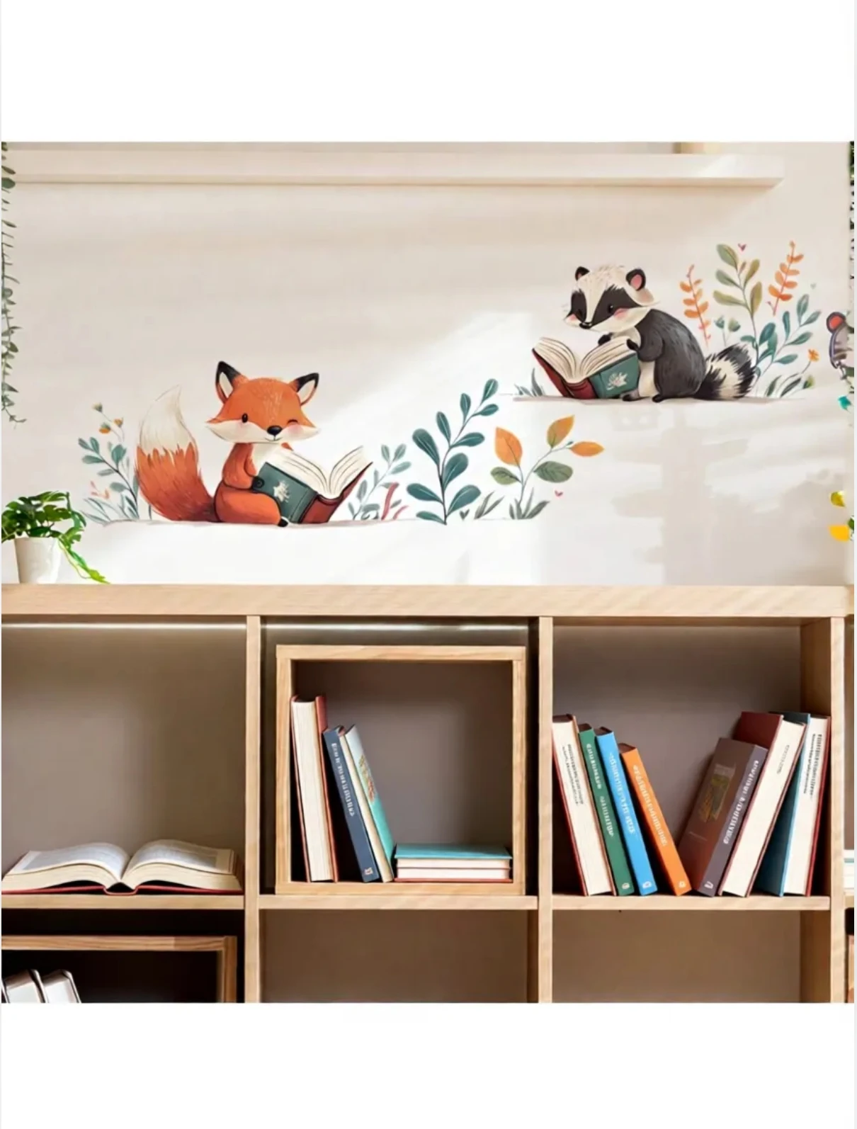 Watercolor Reading Animals Wall Decal, Fox & Badger Reading Books with Plants Removable Kids Nursery & Study Room Sticker