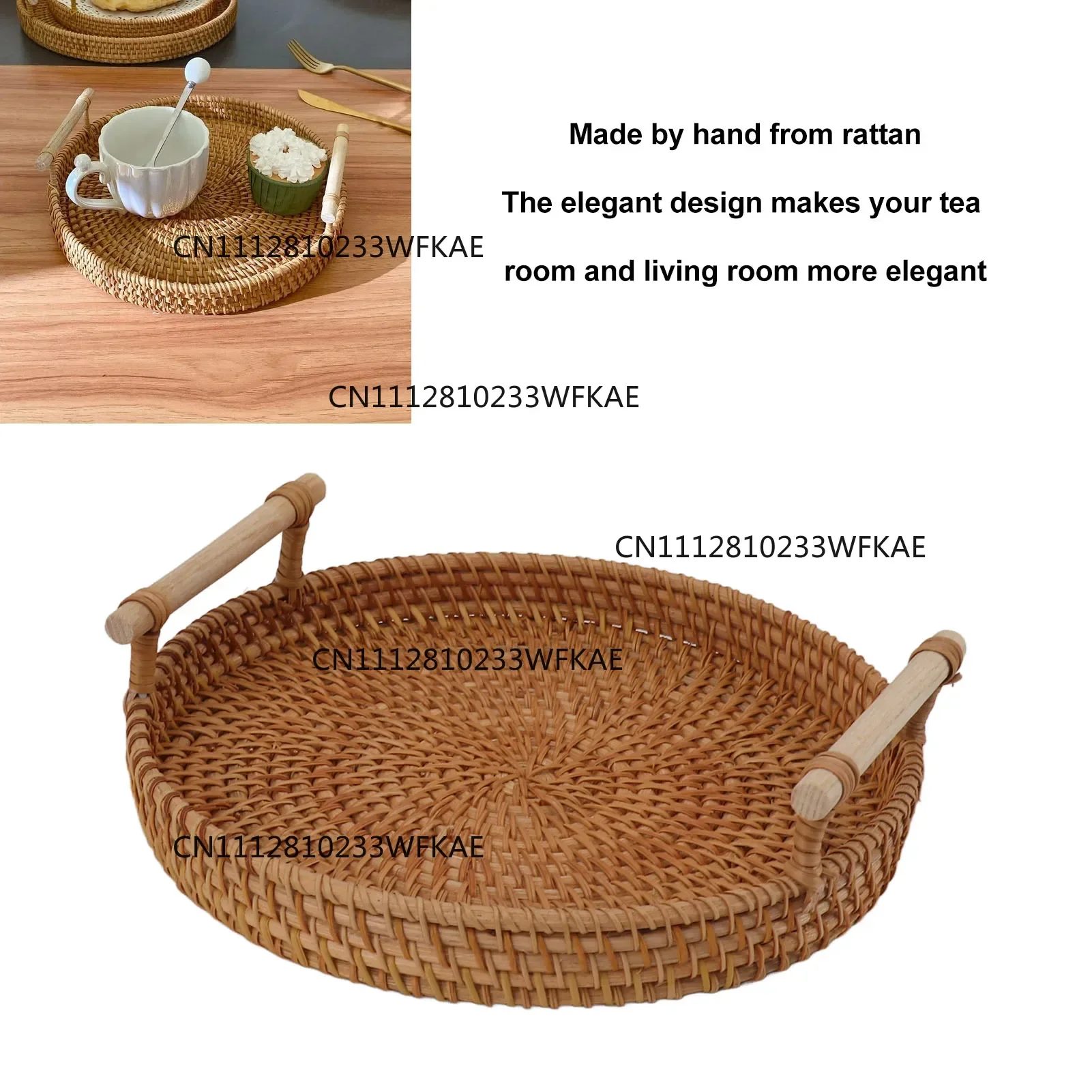 Coffee Table Decorative Tray Traditional Design Round Serving Tray with Solid Wood Handle Hand Woven Large Capacity for Home