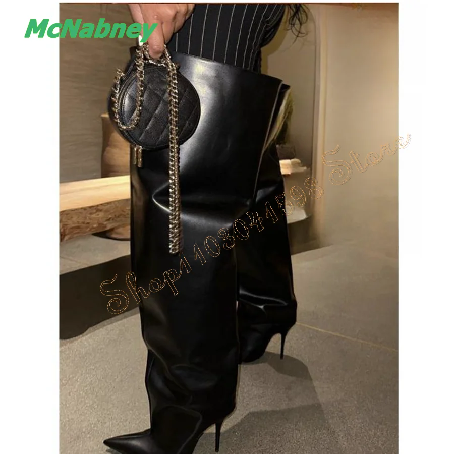 

Sexy Pointed Toe Straight Boots,Patent Leather Thin Heel Over The Knee Boots Pleated Women Boots 2023 New Zapatos Para Mujere