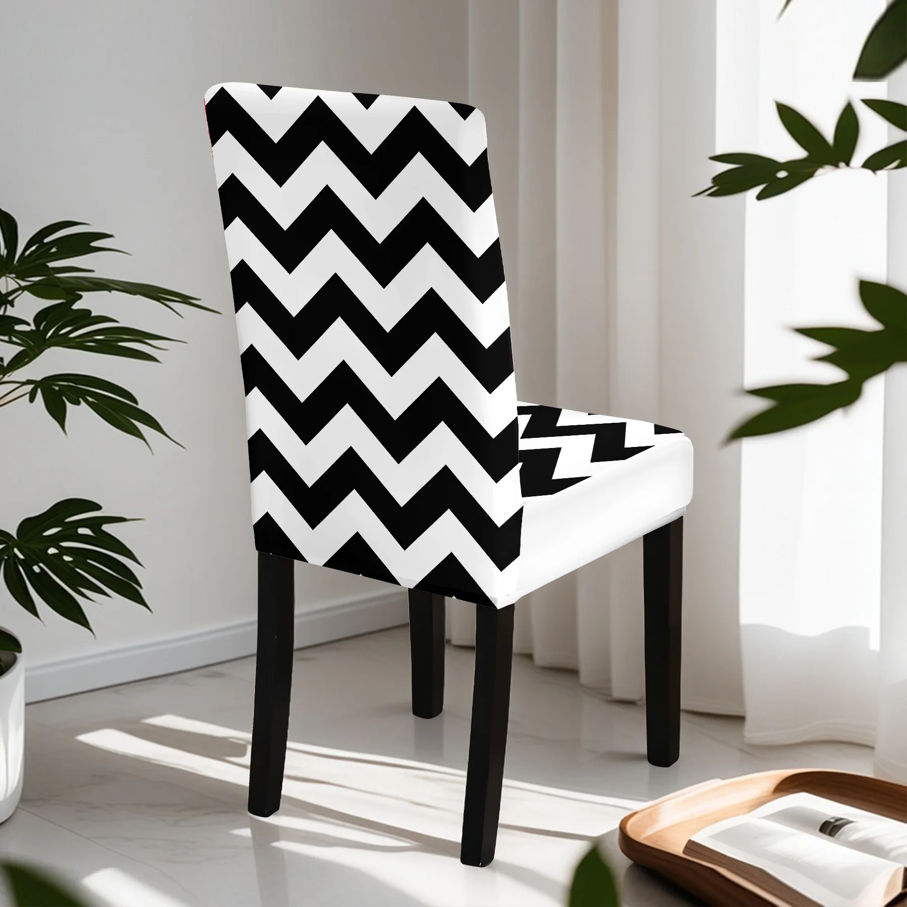 2026 New Elastic Full - Coverage Chair Cover, Black - White Chevron Pattern, Summer Outdoor & Indoor Use,