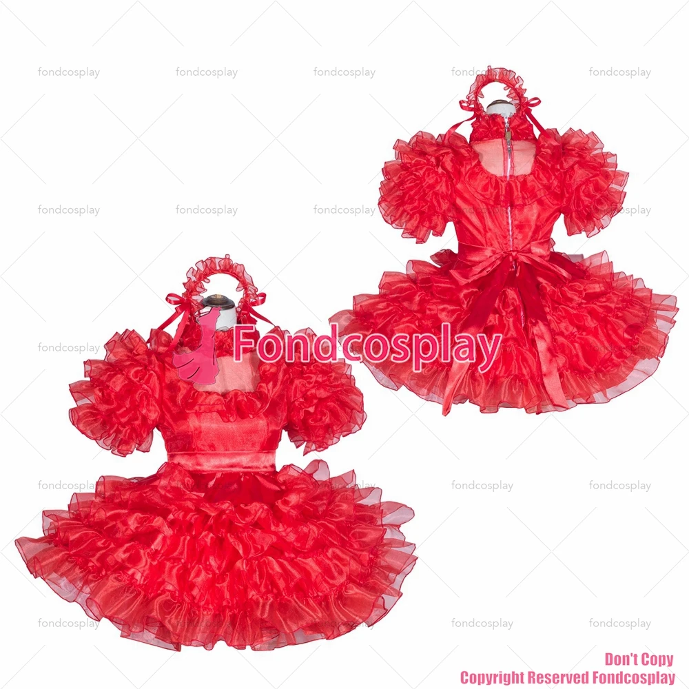 

fondcosplay adult sexy cross dressing sissy maid short French Lockable Red Organza satin Dress Uniform CD/TV[G4064]