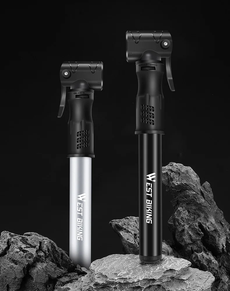 WEST BIKING Tragbare Fahrradpumpe, Mini-Fahrradreifenfüller mit verstecktem Schlauch für Presta- und Schrader-Ventile, Zubehör für Rennrad und Mountainbike – Detail 3