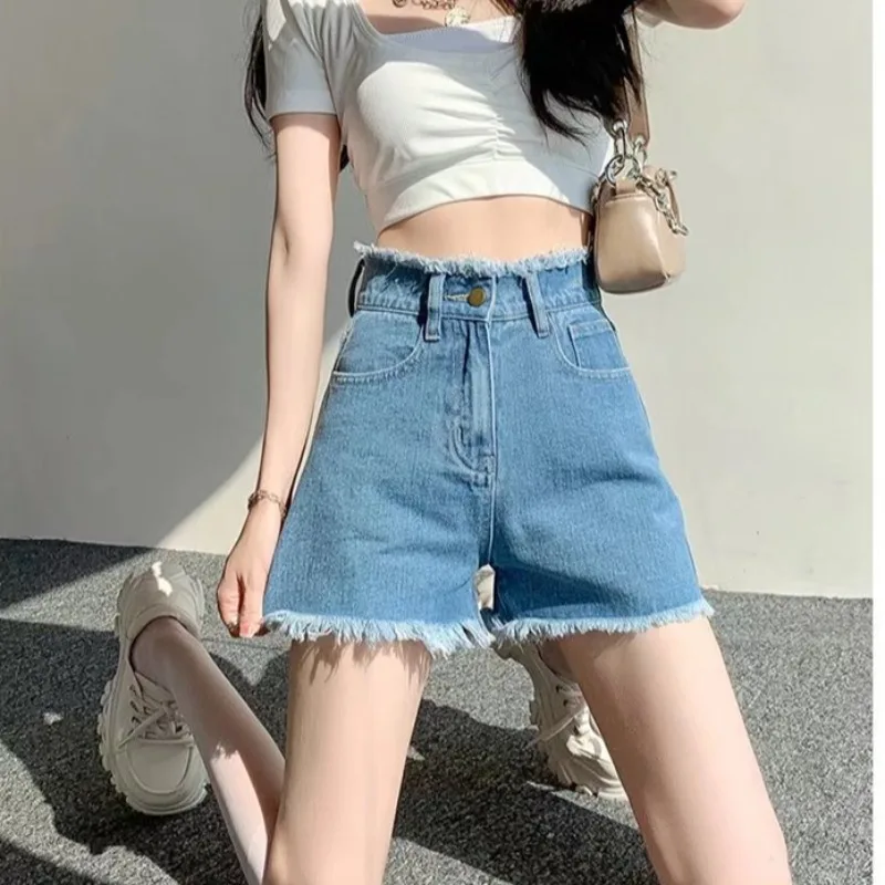 

High Waist Denim orts Women Summer New Sle Loose Slimming Versatile High Low Frayed A-Line Wide Leg Hot Pants Trendy