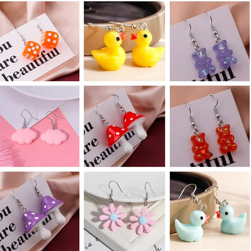 1 Pair Creative Cute Gummy Bear Earrings for Women Candy Colors Animal Duck Flower Clouds Pendants Dangle Earrings for Girl Gift