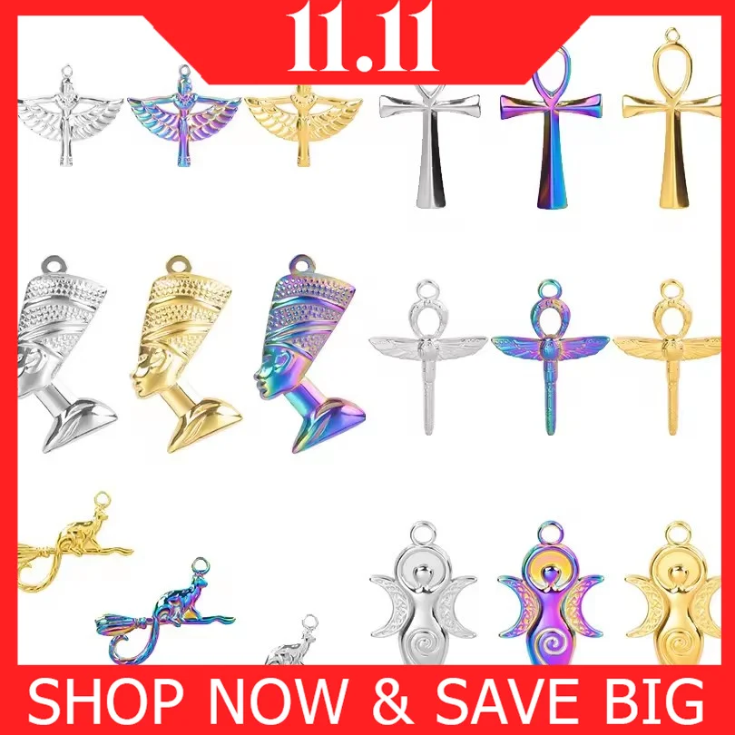

Retro 10pcs/lot Egypt Angel Stainless Steel Pendants Egyptian Goddess Cross African Ancient Queen Nefertiti DIY Jewelry Findings