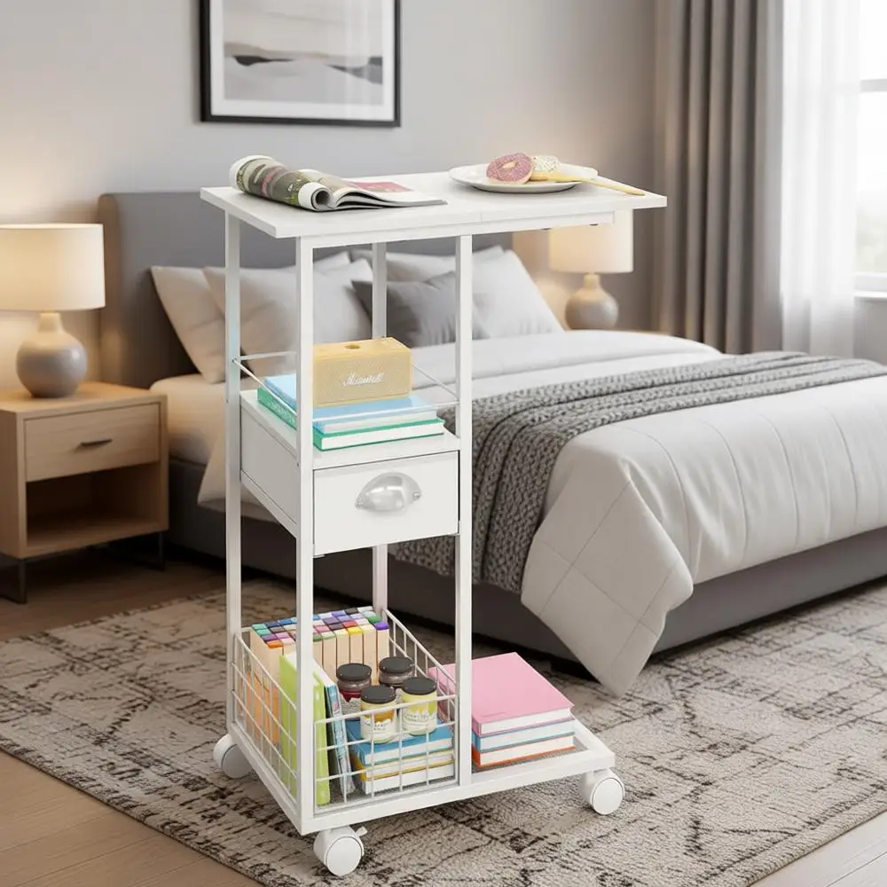 Rolling Side Table with Storage, White Bed Table with Wheels, TV Tray, Portable Desk on Wheels, Modern Night Stand, Overbed Tabl