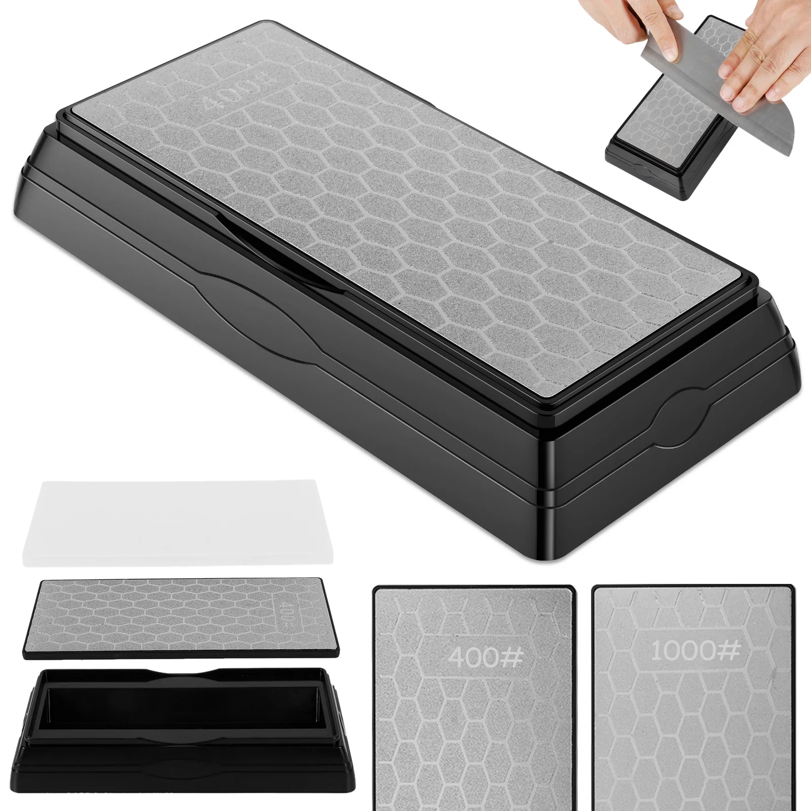 400/1000 Grits Double Sided Sharpening Stone Diamond Sharpening Plate Whetstone with Non-slip Base Dust Cover for Knife Scissor