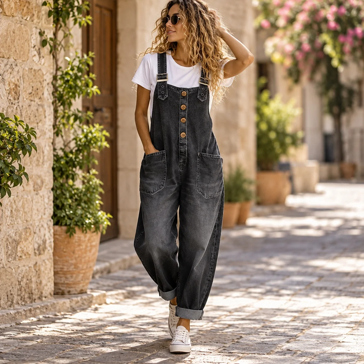 Loose Fit Adjustable Strap Pants with Washed Finish Mid Rise Full Length Commuter Chic British Style Retro Women Jumpsuit