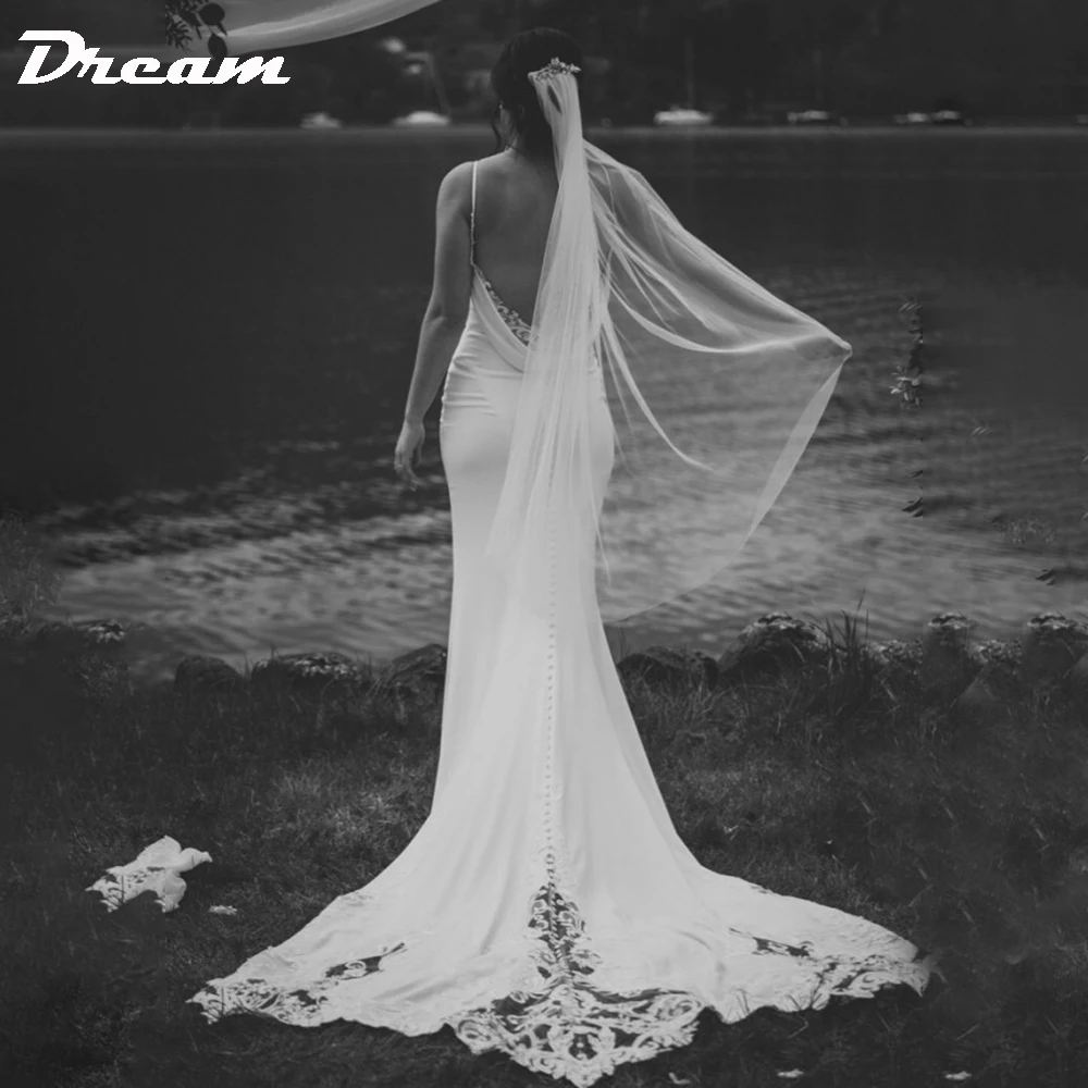 Dream personalizado elegante decote em v sereia vestido de casamento alças espaguete renda cowl drapeado volta sem mangas praia simples vestido de noiva