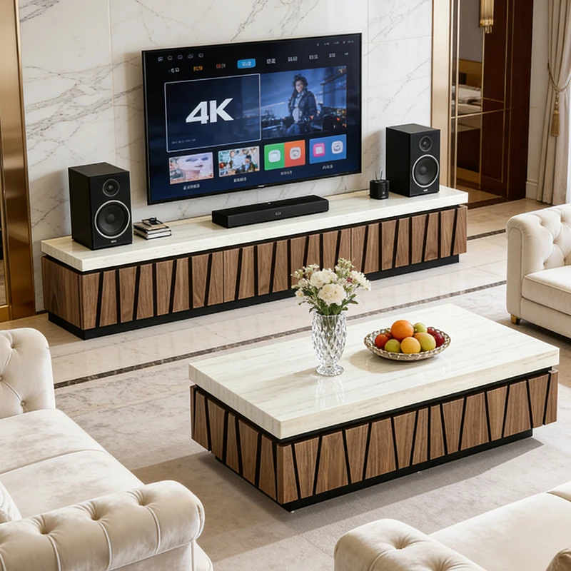 &c Striped Travertine Wood Veneer Creative Designer Coffee Table  Side Table Set Furniture