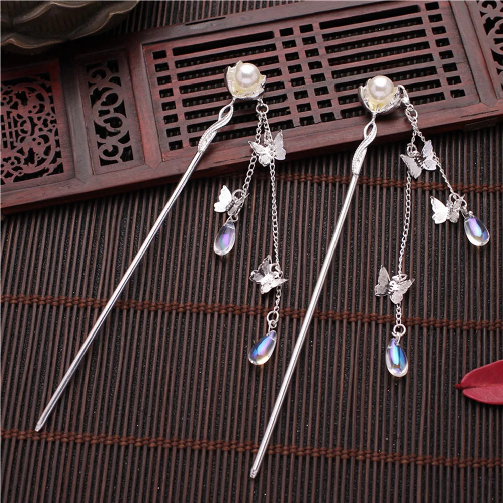 Bridal Ornaments Chinese Classic Ancient Style Plate Hair Fork Pearl Hair Sticks Tassel Hairpin Hair Accessories