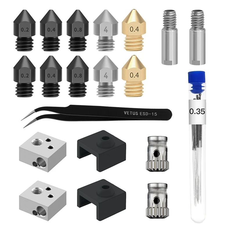 

3D Printer Nozzle MK8 Aluminum Block Tool Tweezers 0.35mm Cleaning Needle MK8 Sock Extrusion Wheel, Nozzle Kit