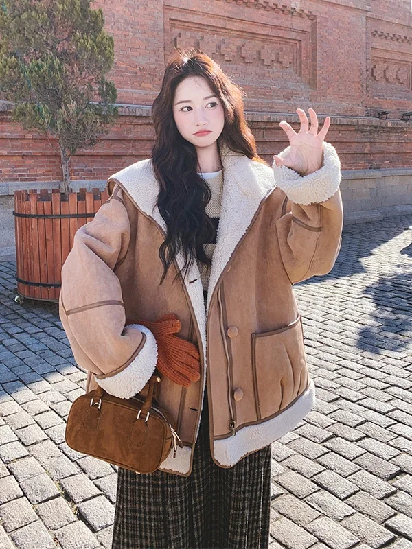 

Женская двусторонняя куртка из овечьей шерсти, утепленное хлопковое пальто, повседневное свободное пальто в модном дизайне, зимняя верхняя одежда