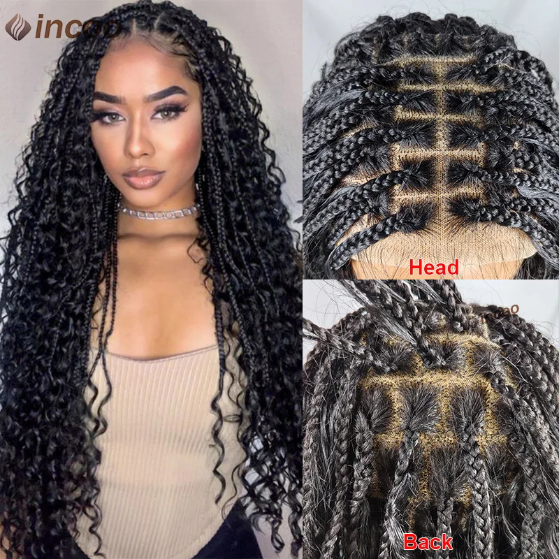 Peluca con malla frontal sintética Bohemia de imitación, pelucas trenzadas, caja cuadrada sin nudos, pelucas con trenzas para mujeres negras, peluca Locs de diosa con extremos rizados