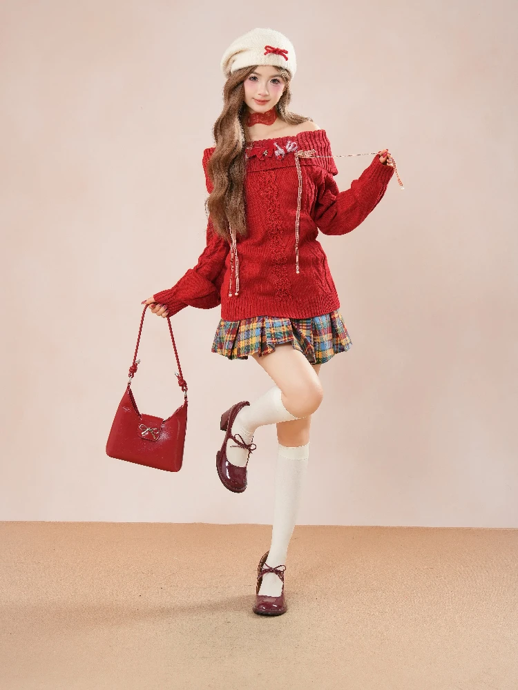 Mode Weihnachten Rot Off Schulter Bogen Stricken Pullover + Plaid Falten Rock Zwei Stück Set Frauen Winter Süße Adrette Outfit